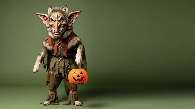 A goblin with a pumpkin bucket stands against a green background