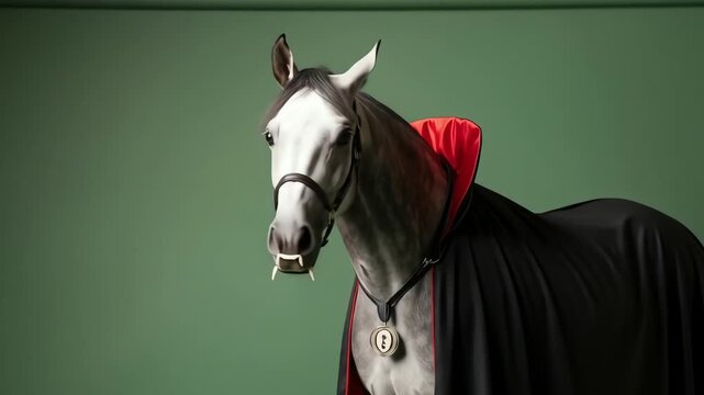 A gray horse wears a black cape with a red lining and fake fangs