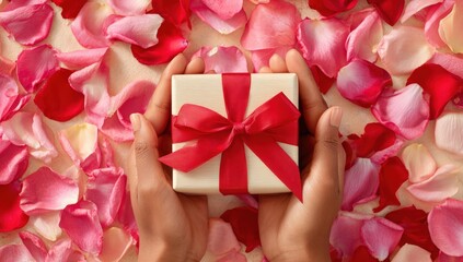 Hands holding a small gift box on a bed of rose petals