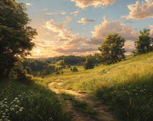 Obraz premium A picturesque landscape at sunset. A winding path through a field of wildflowers