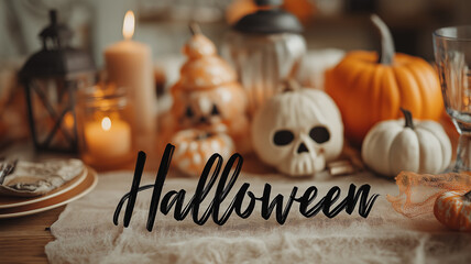 幻想的で温かい光が広がるハロウィンイラスト。揺れるキャンドルと白いパンプキンランタン、テーブルに配置された「Halloween」の文字が印象的。インテリアや広告バナー、イベント用背景にも使える秋の素材