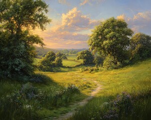 Obraz premium Sunlit path through a verdant landscape