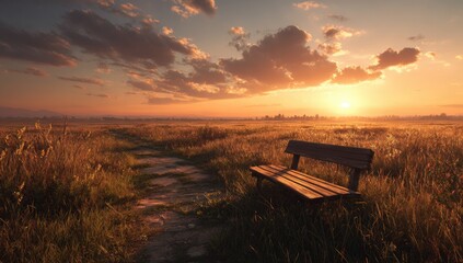 Golden sunset over a field with a bench