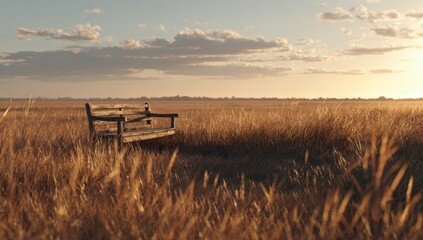 Wooden bench in a golden field at sunset
