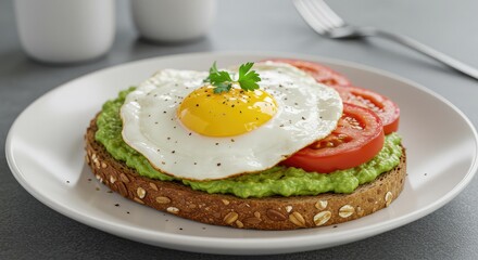 Start your day with vibrant avocado toast topped with a sunny side egg and fresh tomatoes, perfect for healthy breakfast or brunch recipes and food blog content