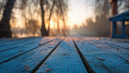 Frozen wooden deck at sunrise