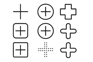 Obraz premium Plus sign icon set. Add symbol. More button. Vector line art collection for web design, apps, UI, UX interface. Simple minimalist outline cross signs. Positive concept.