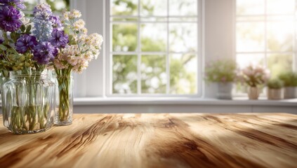 Spring flowers on a wooden table by a sunny window