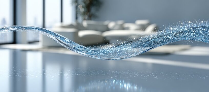 Abstract water splash on a reflective surface in a modern interior