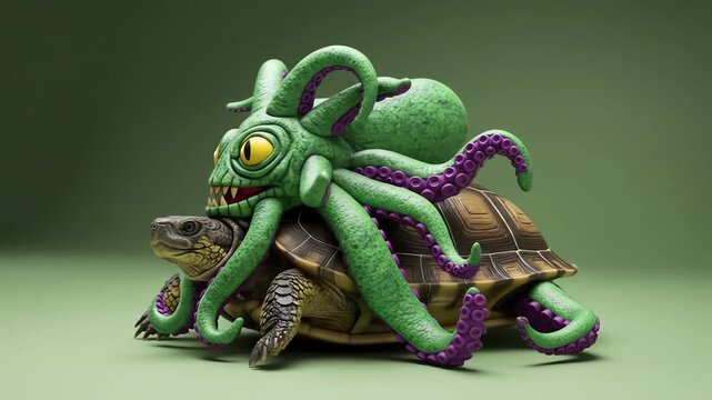 A green octopus with purple suckers embraces a turtle on a green background