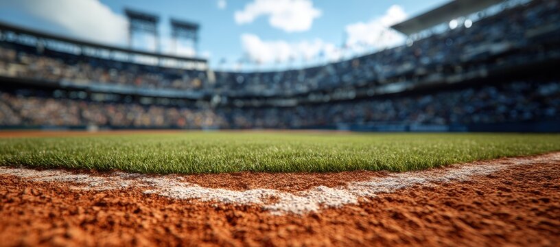 Baseball field with stadium in the background