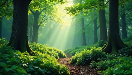 Fototapeta premium Serene nature soundscape, calming visuals of a tranquil forest scene perfect for meditation and stress relief Ideal for relaxation apps, websites, or wellness content , harmony, quiet, organic