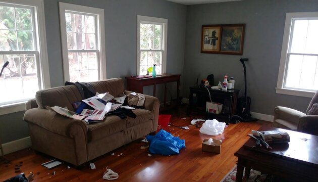 Cluttered living room with discarded items