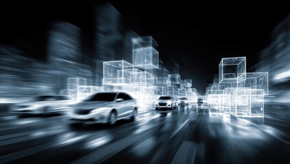 Futuristic city street at night with digital overlay