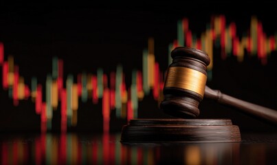Gavel on a dark background with stock market charts