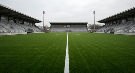 Empty soccer stadium field with grandstands under cloudy sky ready for game