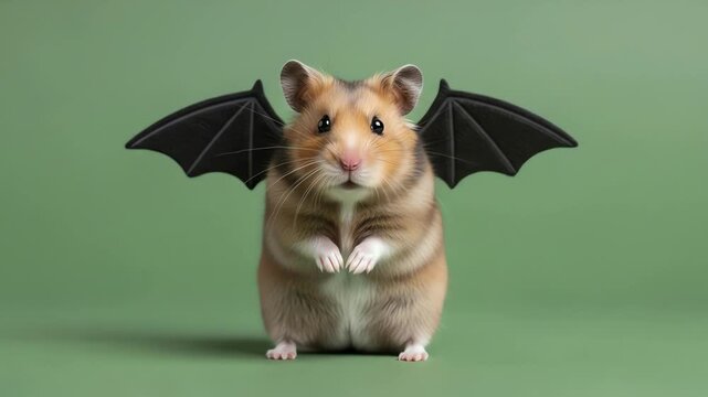 A hamster with black bat wings on a green background
