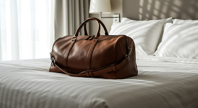 Brown leather duffel bag on pristine white hotel bed, ready for travel and a luxurious getaway.