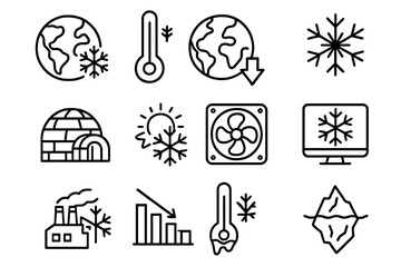 Global cooling and ice age line icon set. Climate change concept. Planet earth temperature drop, cold weather signs. Vector pictograms for infographics, web, and apps.