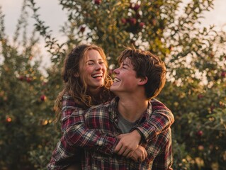 Happy couple enjoying a piggyback ride in an apple orchard at sunset