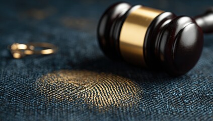Legal proceedings with a golden fingerprint and a judge's gavel