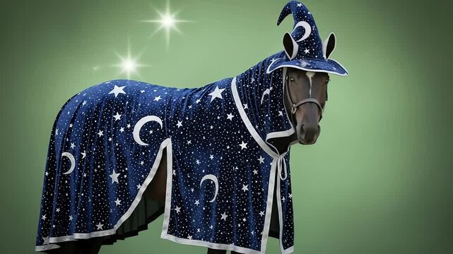 A horse wears a star and moon patterned wizard costume