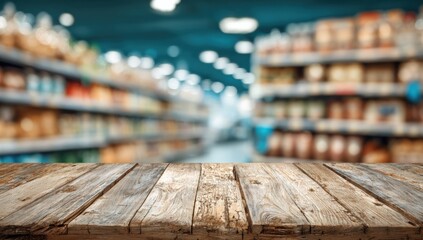 Wooden table top in front of a blurry supermarket aisle