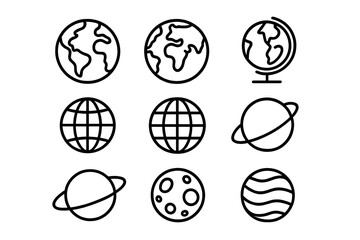 Globe and planet thin line icon set. Earth, world, and space symbols. Outline signs for web design, apps. Vector illustration of moon, saturn, universe. Astronomy pictogram pack.