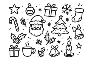 Hand drawn Christmas doodles icon set. Festive holiday cartoon collection with Santa, tree, gift, snowflake, bell, star, and candy cane. Winter line art vector illustration.