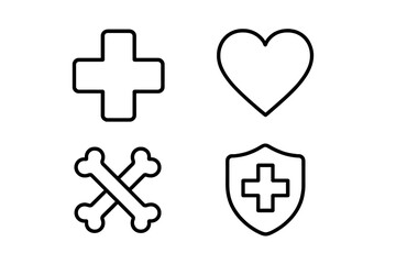 Fototapeta premium Medical cross, heart, bones, and health shield icon set. Health care, medicine, and insurance concept. Outline web line icons collection for design. Minimalist linear pictogram pack.