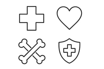 Obraz premium Medical icon set with cross, heart, bones, and shield. Health care, medicine, and protection symbols. Outline linear pictograms for web design, apps, UI, UX elements.