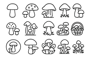 Mushroom line icon set collection. Fungi outline symbols for web and graphic design. Simple vector signs of forest food, toadstool, cep, amanita. Minimalist linear pictograms.