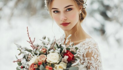 Winter Bride Radiantly Holding Her Bouquet, Capturing The Serenity And Beauty Of A Bride With Her Flowers On A Winter Day.