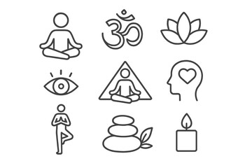 Obraz premium Yoga meditation icon set. Minimalist line art symbols for wellness, zen, and spirituality. Vector illustration for concepts like mindfulness, balance, harmony, and peace.