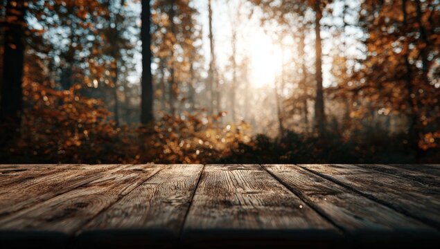 Wooden table in autumn forest - Powered by Adobe