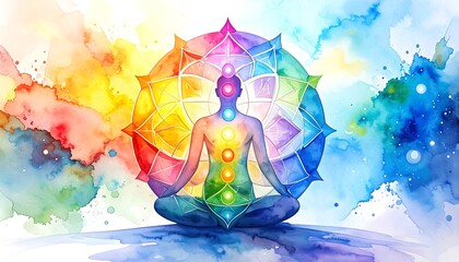 Colorful abstract illustration of a person in meditation pose, surrounded by a mandala and vibrant watercolor splashes