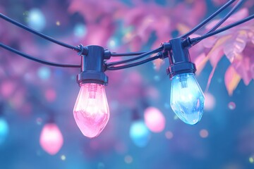 Pink and blue string lights in a dreamy garden setting