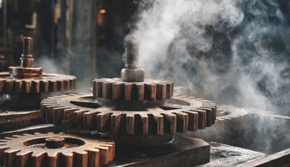 Rusty gears in a steamy factory setting