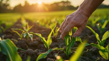 Hand gently touching a sprout in a cornfield at sunset