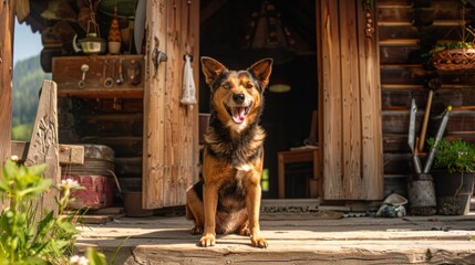 Smiling Dog on a Wooden Porch