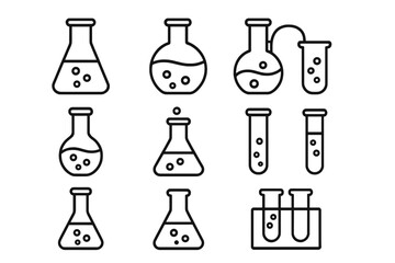Laboratory flask line icons pack, science chemistry test tube outline signs for graphic design, web apps, advertising, education, vector cartoon illustration set