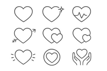 Heart icons line art collection. Vector love symbol set for Valentine's day. Editable stroke pictogram pack with health, charity, romance, heartbeat and care concepts.