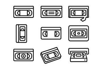 Set of video tape line icons, cassette tape symbols, retro media outline signs for graphic design, web, apps, adverts, and multimedia projects in vector style with transparent background