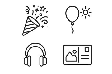 Party holiday celebration icons bundle with headphones balloon sun and postcard line vectors for cards apps banners posts minimalistic editable stroke cartoon design