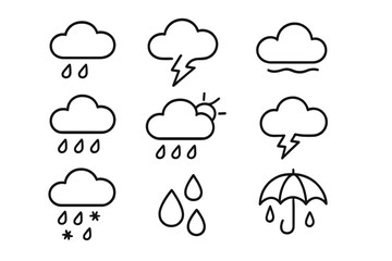 Set of weather line icons with rain symbols, lightning, clouds, sun, umbrella, snowflakes, and raindrops. Outline meteorology signs for graphic design, apps, adverts, and cards vector.