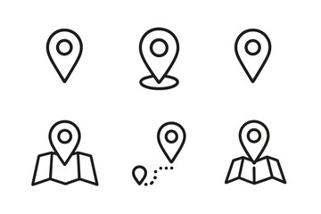 Map location pin line icon set. GPS marker, navigation, and destination symbols. Geolocation pointer on a map and route tracking pictogram. Vector editable stroke icons.