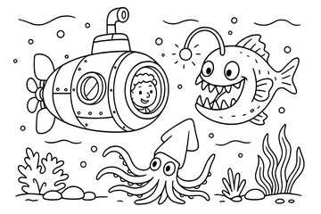 Line art underwater scene with submarine, anglerfish, and squid. Cartoon vector illustration for coloring book. Deep sea adventure with marine life creatures and a boy.