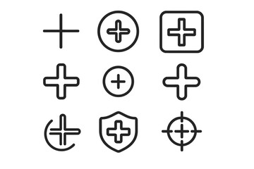 Outline plus sign icon collection for graphic design, web apps, adverts, user interface elements, vector cartoon illustration with transparent background, medical and navigation symbols