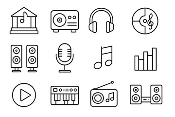 Music and audio line icon set. Minimal linear pictograms for sound and audio equipment. Editable stroke vector symbols for radio, headphones, microphone, player, speaker.