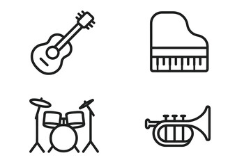 Music instruments line icon set. Guitar, piano, drums, trumpet vector pictograms. Simple outline symbols for audio, sound, concert, orchestra or band design elements.